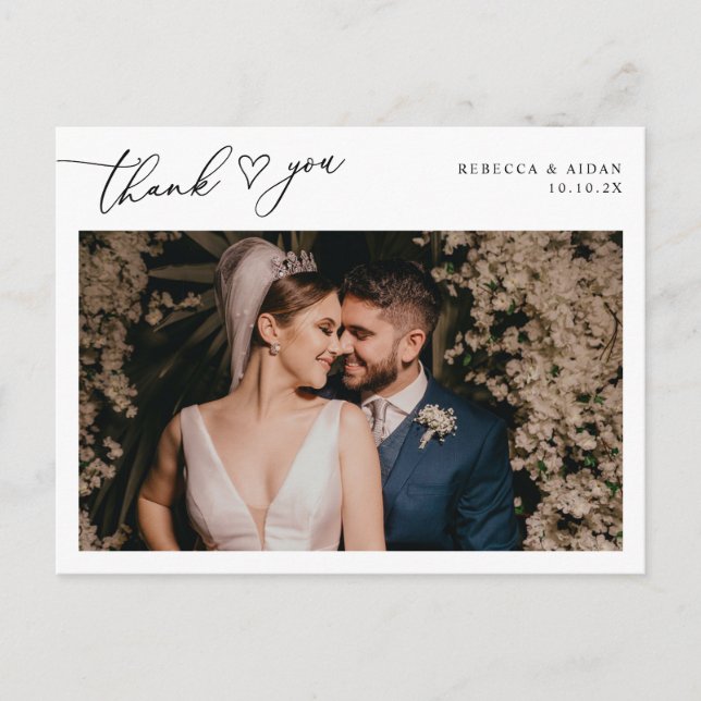 Carte Postale Élégant Mariage de script Coeur photo Merci (Devant)