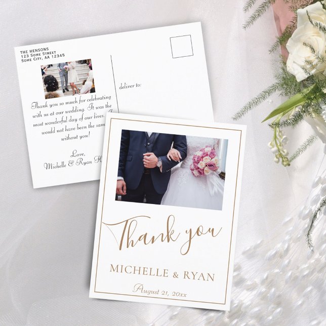 Carte Postale Élégant Mariage de script doré 2 Photos Merci (Créateur téléchargé)