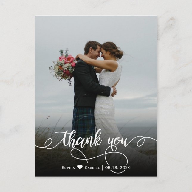 Carte Postale Élégant Mariage de script élégant Merci photo (Devant)
