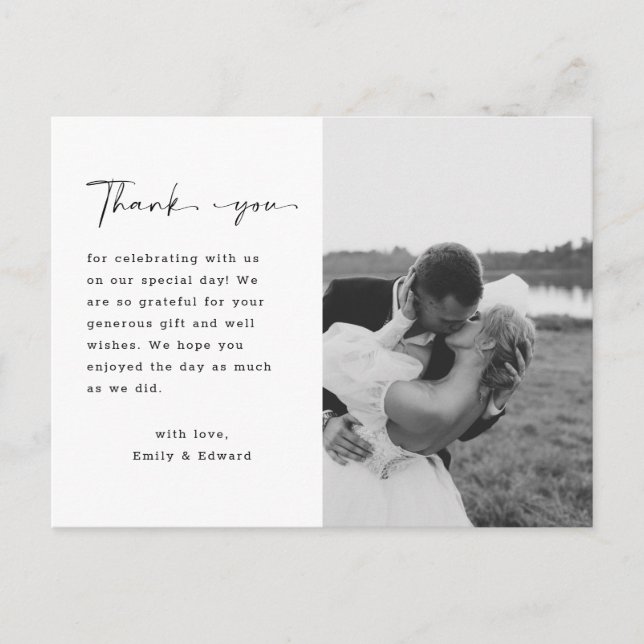 Carte Postale Élégant Mariage de script Merci photo personnalisé (Devant)