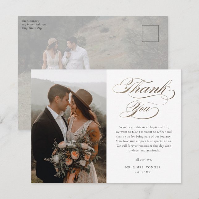 Carte Postale Élégant Mariage de script or Merci (Devant / Derrière)