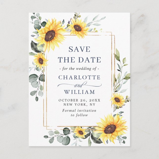 Carte Postale Élégant mariage de tournesol Enregistrer la date C (Devant)