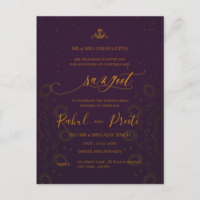 Carte Postale Élégant Mariage indien Mandala en or rouge Sangeet (Devant)