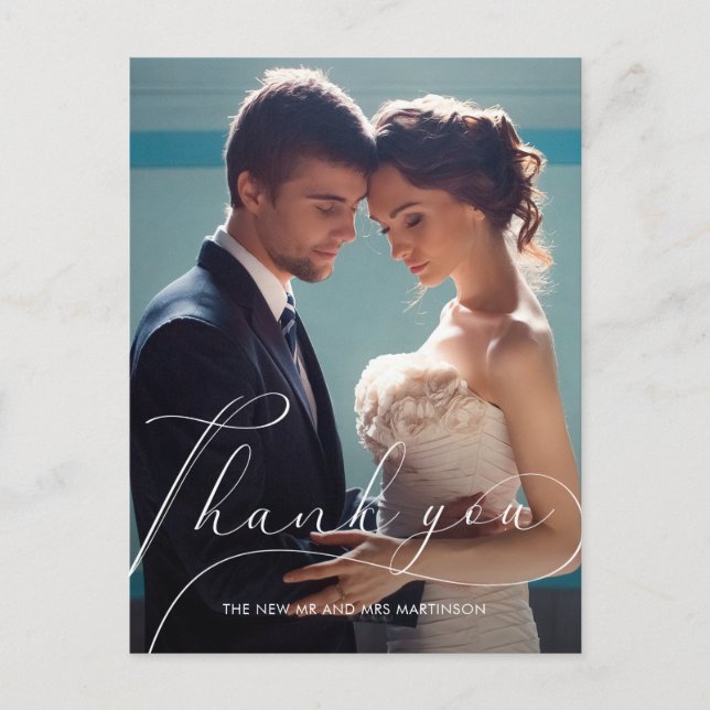Carte Postale Élégant Mariage photo de script Merci (Devant)