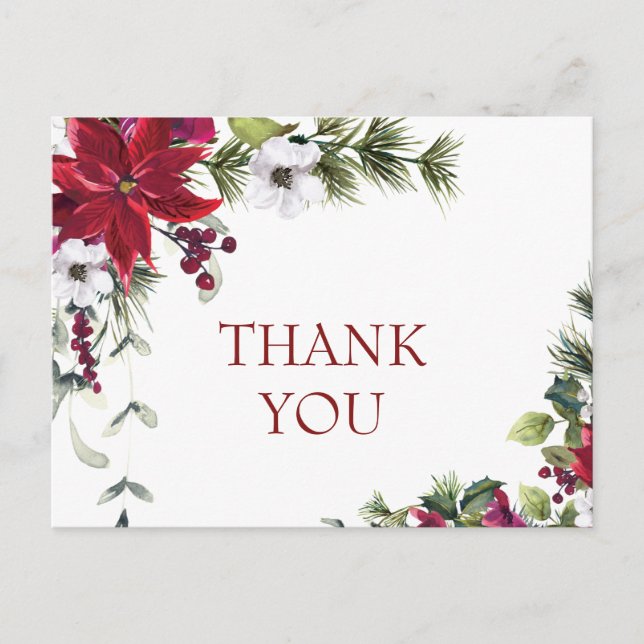 Carte Postale Elégant Mariage Poinsettia Merci aquarelle (Devant)