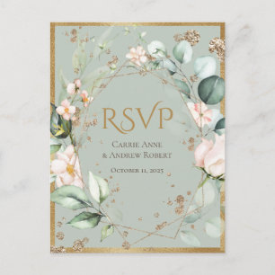 Carte Postale Élégant Mariage rose rose floral or vert