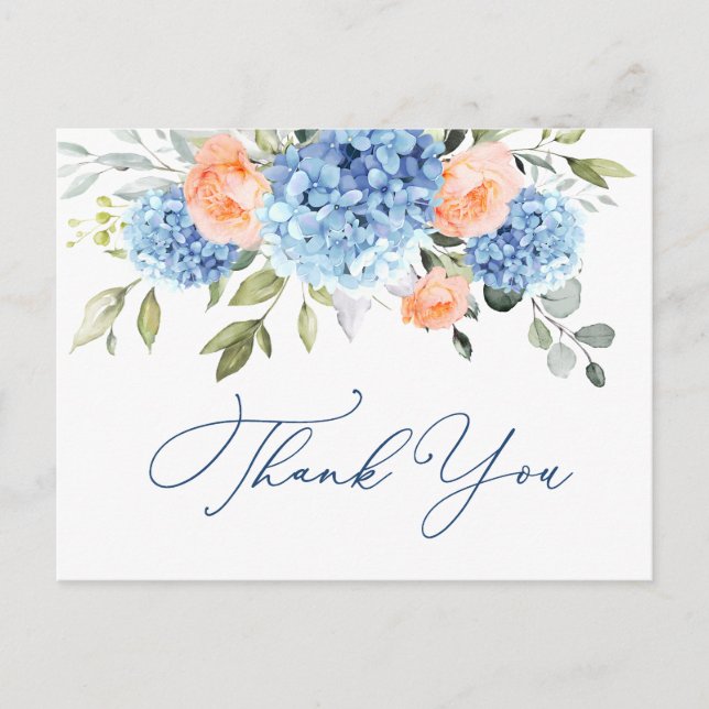 Carte Postale Elégant Merci bleu Hydrangée rose pâle Roses (Devant)