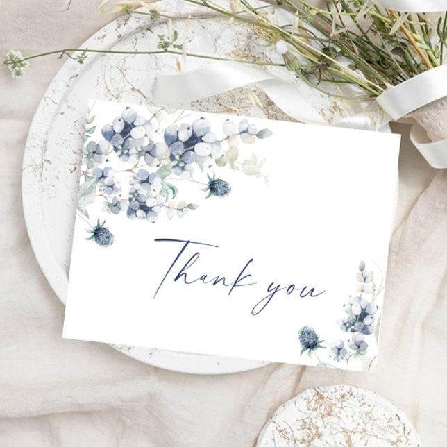 Carte Postale Élégant Merci Boho en feuillage d'hiver bleu-dusté (Créateur téléchargé)