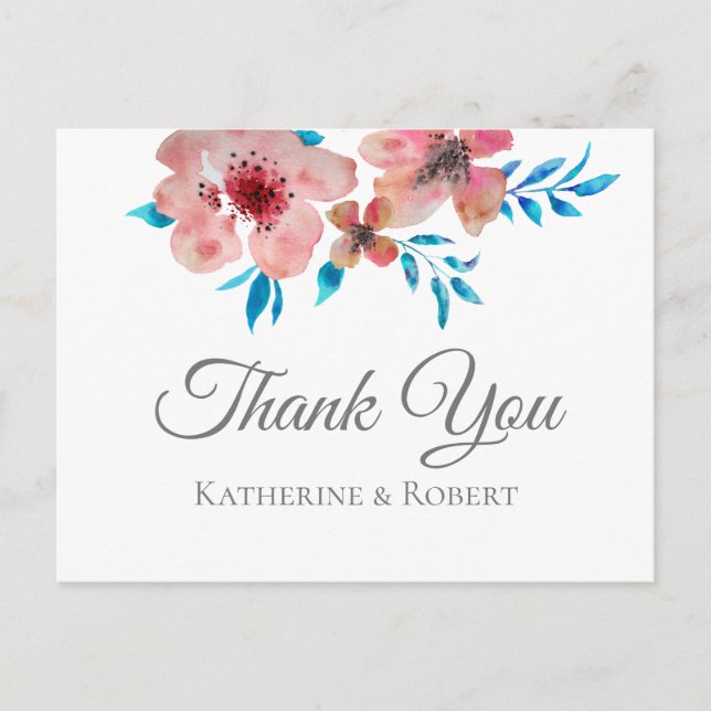Carte Postale Elégant Merci d'aquarelle rose Fleurs (Devant)