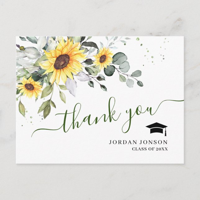 Carte Postale Élégant Merci de graduation des tournesols Eucalyp (Devant)