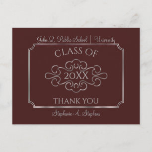 Carte Postale Élégant Merci de graduation du Maroon Silver Colle