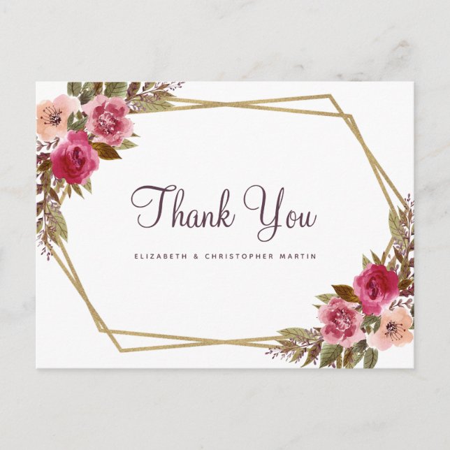 Carte Postale Elégant Merci de mariage Floral Gold Frame (Devant)