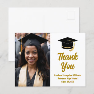 Carte Postale Élégant Merci de script Gold Photo Graduate
