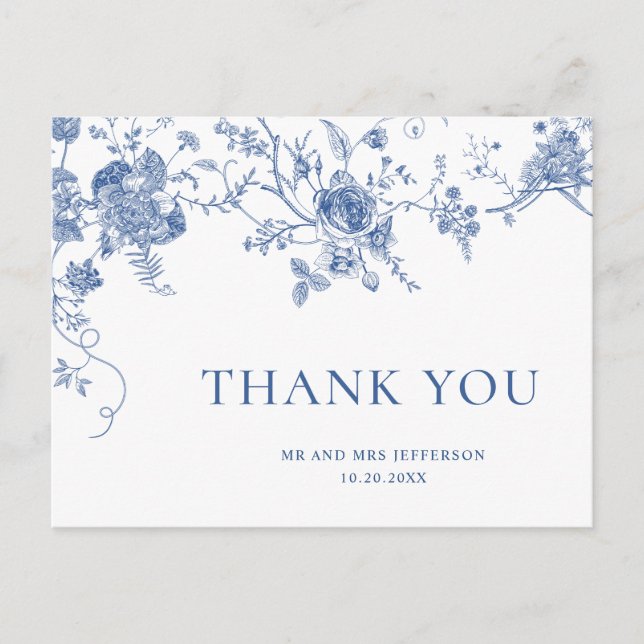 Carte Postale Elégant Merci Floral Bleu Victorien Français (Devant)