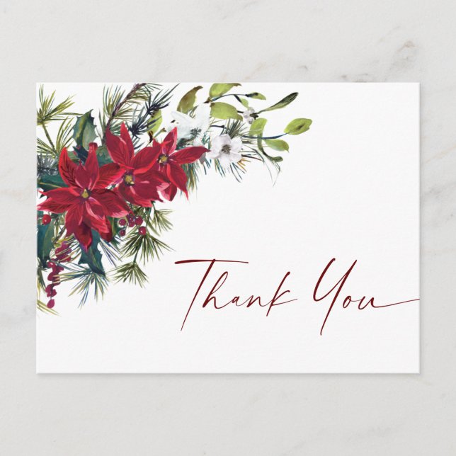 Carte Postale Élégant Merci Mariage de Noël Rouge Poinsettia (Devant)