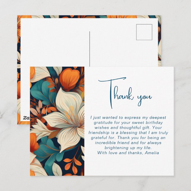 Carte Postale Élégant Merci Motif de feuillage de fleurs (Devant / Derrière)