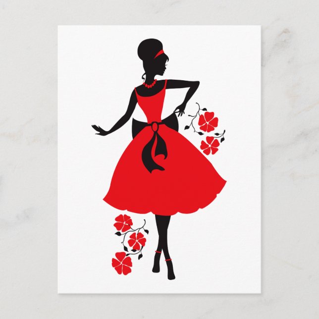Carte Postale Elégant millésime jeune femme rouge noir silhouett (Devant)