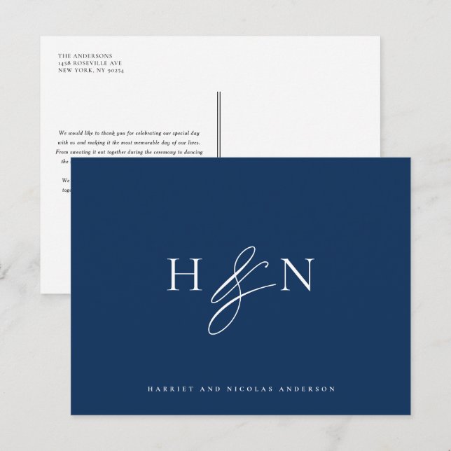 Carte Postale Elégant Monogram Navy Mariage bleu Merci (Devant / Derrière)