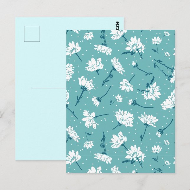 Carte Postale Élégant motif floral - Botanique Turquoise et blan (Devant / Derrière)