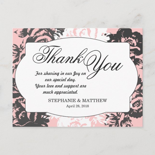 Carte Postale Élégant motif floral rose, blanc et gris (Devant)