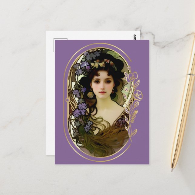 Carte Postale Elégant Mucha Style Portrait d'une belle femme (Devant/Arrière en situation)