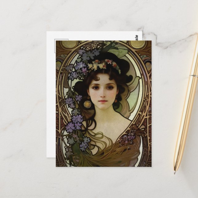 Carte Postale Elégant Mucha Style Portrait d'une belle femme (Devant/Arrière en situation)