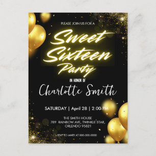 Carte Postale Elégant néon Gold Balloo rétro Sweet 16e anniversa