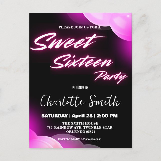 Carte Postale Elégant néon rose rétro noir Sweet 16e anniversair (Devant)
