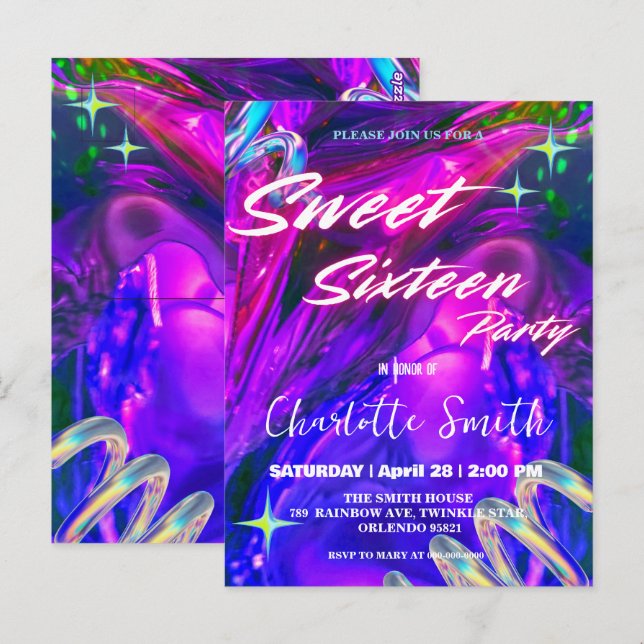 Carte Postale Elégant néon rose rétro noir Sweet 16e anniversair (Devant / Derrière)