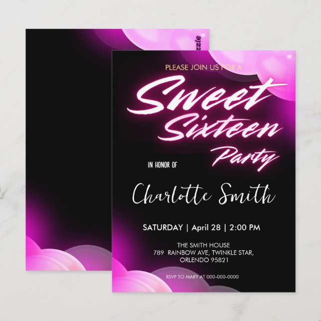 Carte Postale Elégant néon rose rétro noir Sweet 16e anniversair (Devant / Derrière)