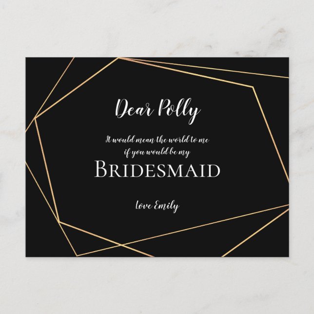 Carte Postale Elégant noir & or Géométrique / Bridesmaid Demande (Devant)