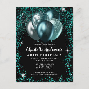 Carte Postale Elégant noir Turquoise Parties scintillant Balloon