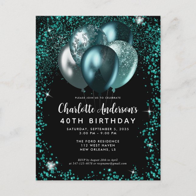 Carte Postale Elégant noir Turquoise Parties scintillant Balloon (Devant)