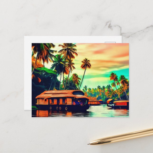 Carte Postale Elégant paysage naturel du Kerala de cocotiers (Devant/Arrière en situation)