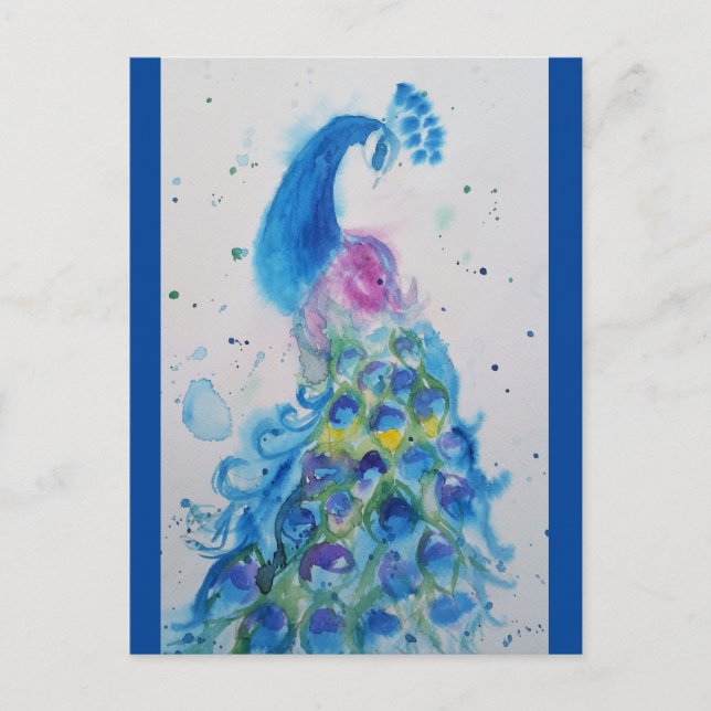 Carte Postale Elégant Peacock bleu aquarelle peinture (Devant)