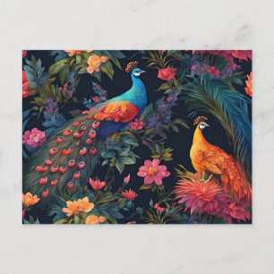 Carte Postale Elégant Peacock Bleu et Or dans Jardin coloré
