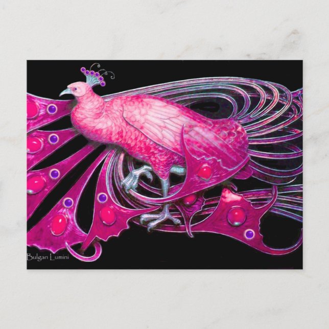 CARTE POSTALE ÉLÉGANT PEACOCK EN ROSE FUCHSIA NOIR (Devant)