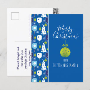 Carte Postale Elégant pickleball de Noël bleu et blanc