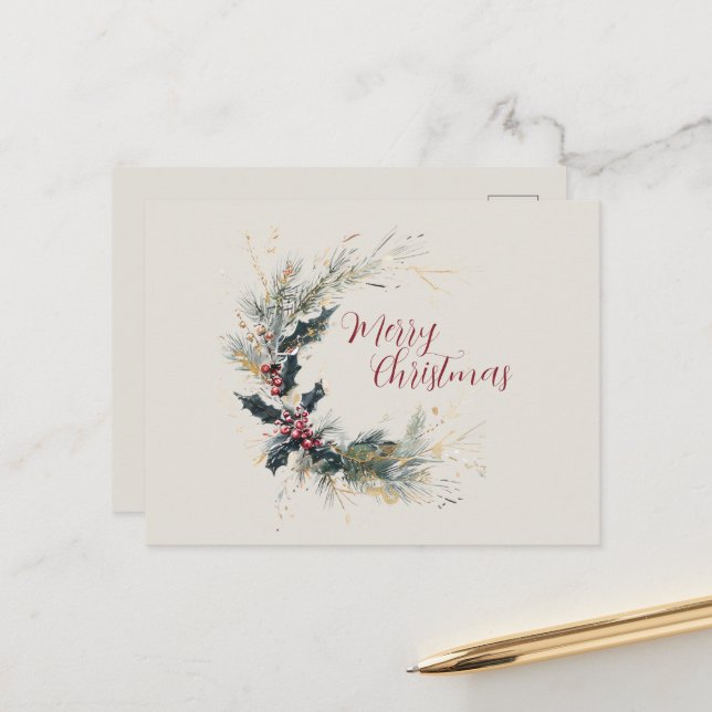 Carte Postale Elégant pin et couronne blanche avec accents or (Devant/Arrière en situation)