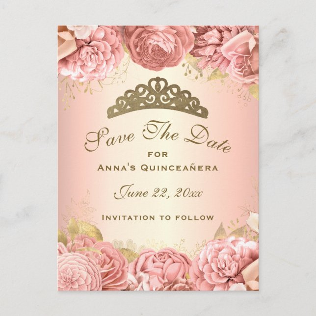 Carte Postale Élégant Pink Or Floral Quinceanera Enregistrer La  (Devant)