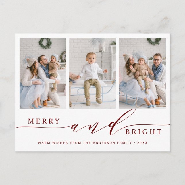Carte Postale Elégant Red Merry & Bright 3 Photo Holiday (Devant)