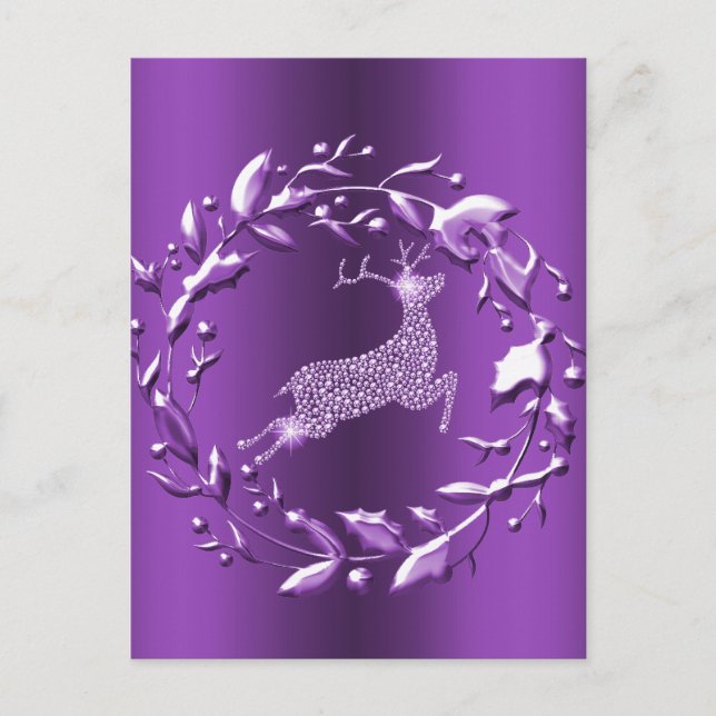 Carte Postale Élégant renne d'argent, couronne violet Noël (Devant)