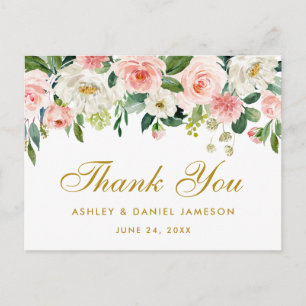 Carte Postale Élégant rose blanc Mariage Floral or Merci