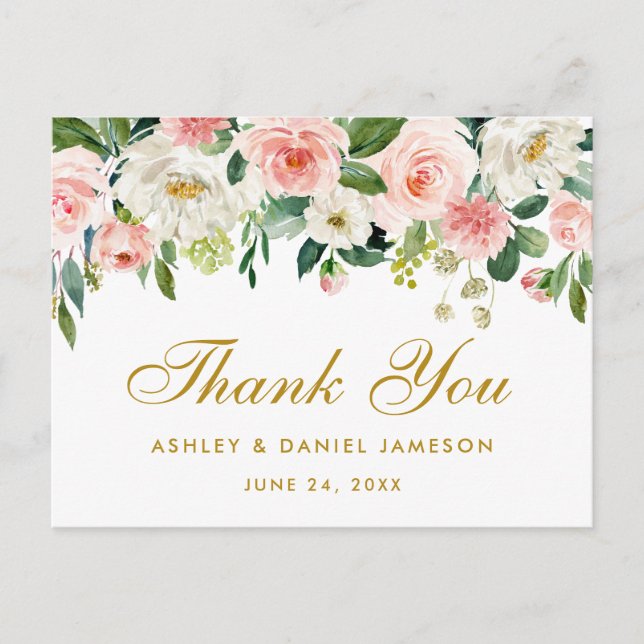 Carte Postale Élégant rose blanc Mariage Floral or Merci (Devant)