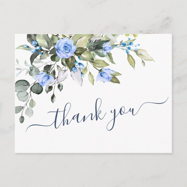 Carte Postale Elégant Rose bleu Eucalyptus Merci floral  (Devant)