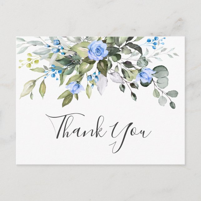 Carte Postale Elégant Rose bleu Eucalyptus Merci floral  (Devant)