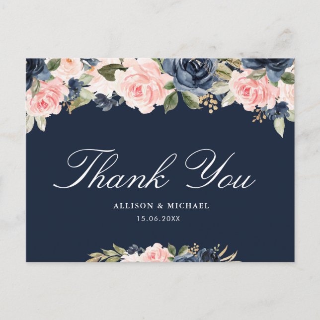 Carte Postale Elégant rose blush & marine floral mariage Merci (Devant)