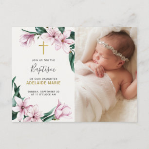 Carte Postale Élégant rose floral Baptême Gold Cross Photo