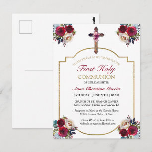 Carte Postale Élégant Rose Floral Gold First Holy Communion