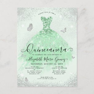 Carte Postale Elégant Sage Green Parties scintillant Argent Gown